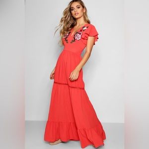 green emerald velvet dress Luna Embroidered Maxi Dress Brown / L